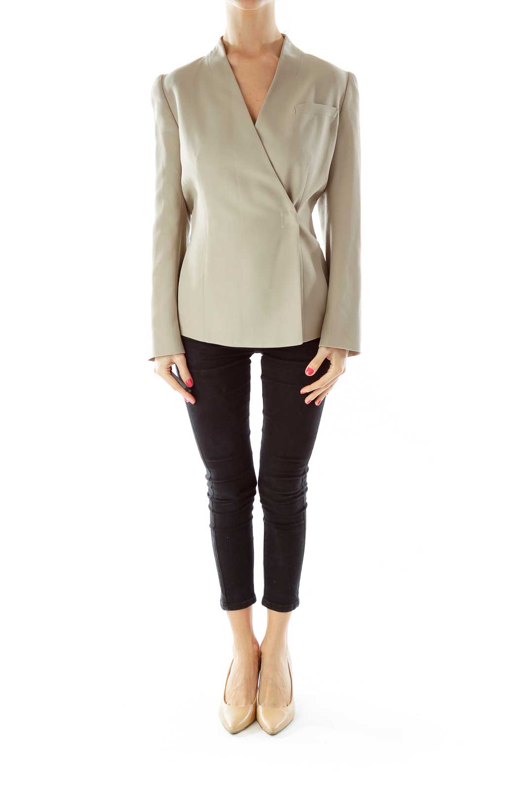 Beige V-Neck Fitted Jacket