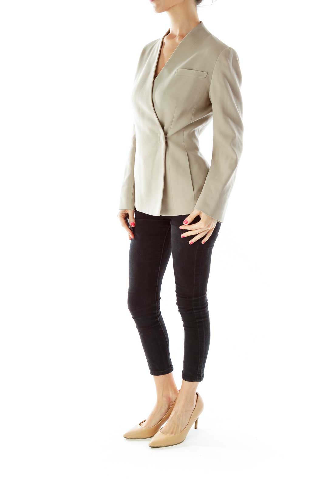 Beige V-Neck Fitted Jacket