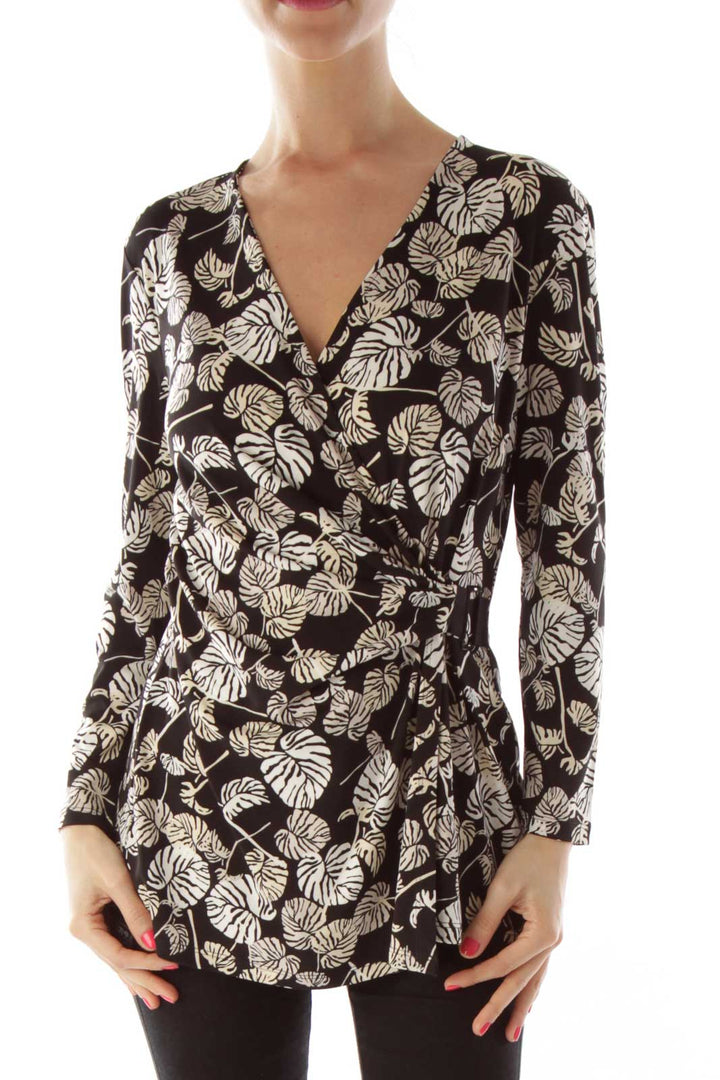 Black Beige Leaf Print Wrap Top