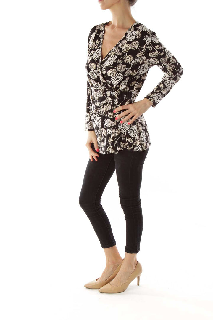 Black Beige Leaf Print Wrap Top