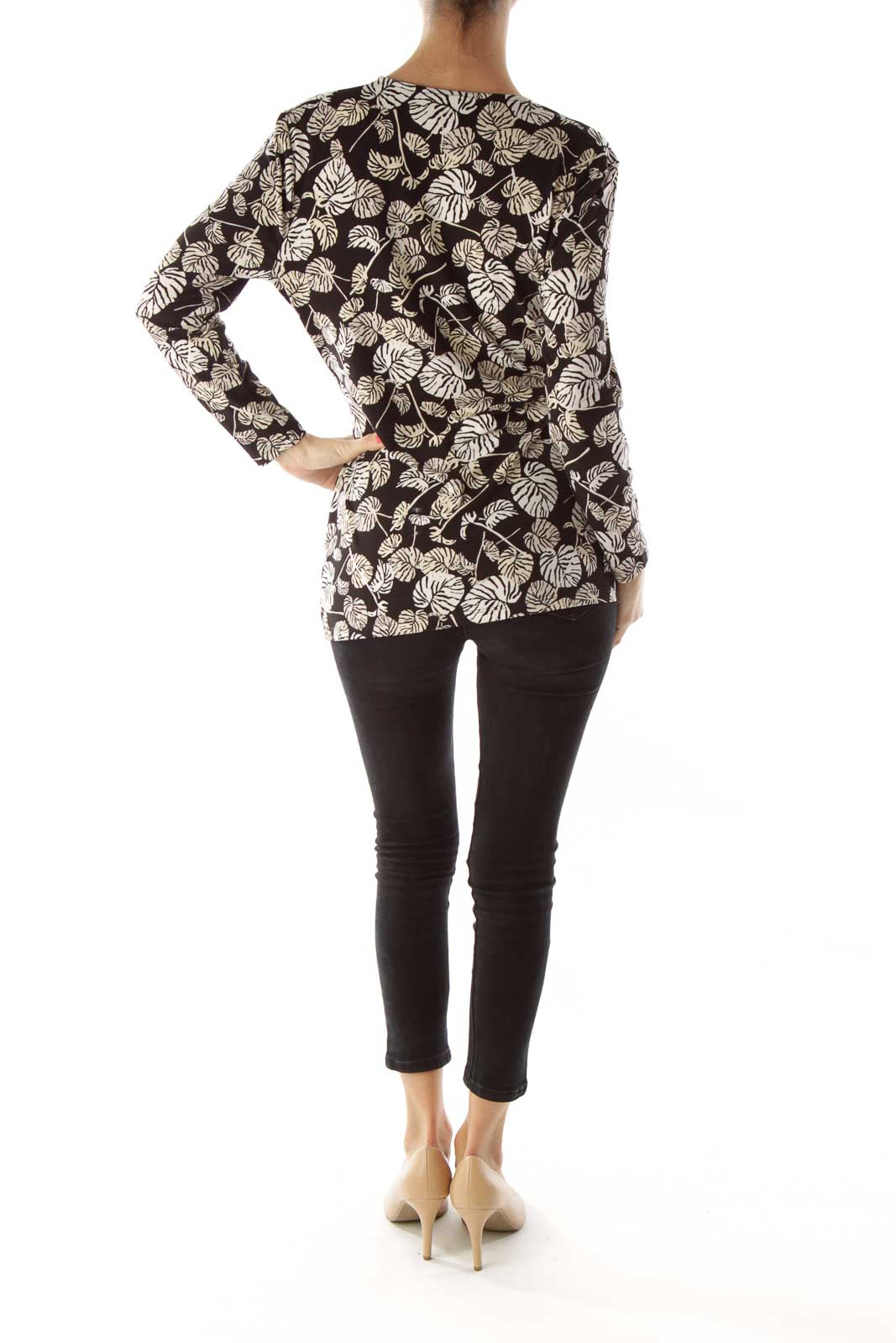 Black Beige Leaf Print Wrap Top