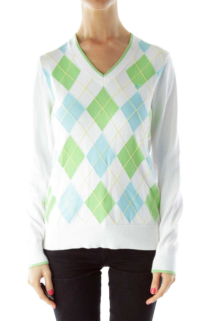 White Blue Green Argyle Sweater