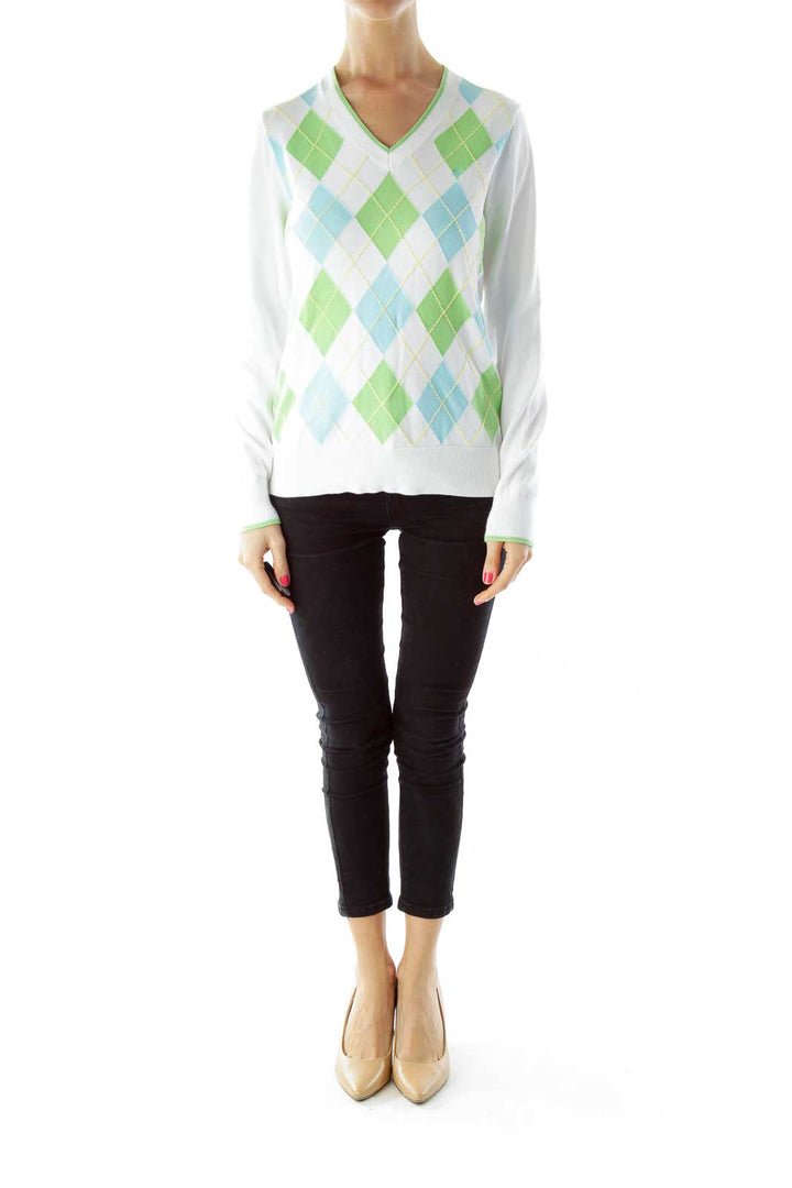 White Blue Green Argyle Sweater