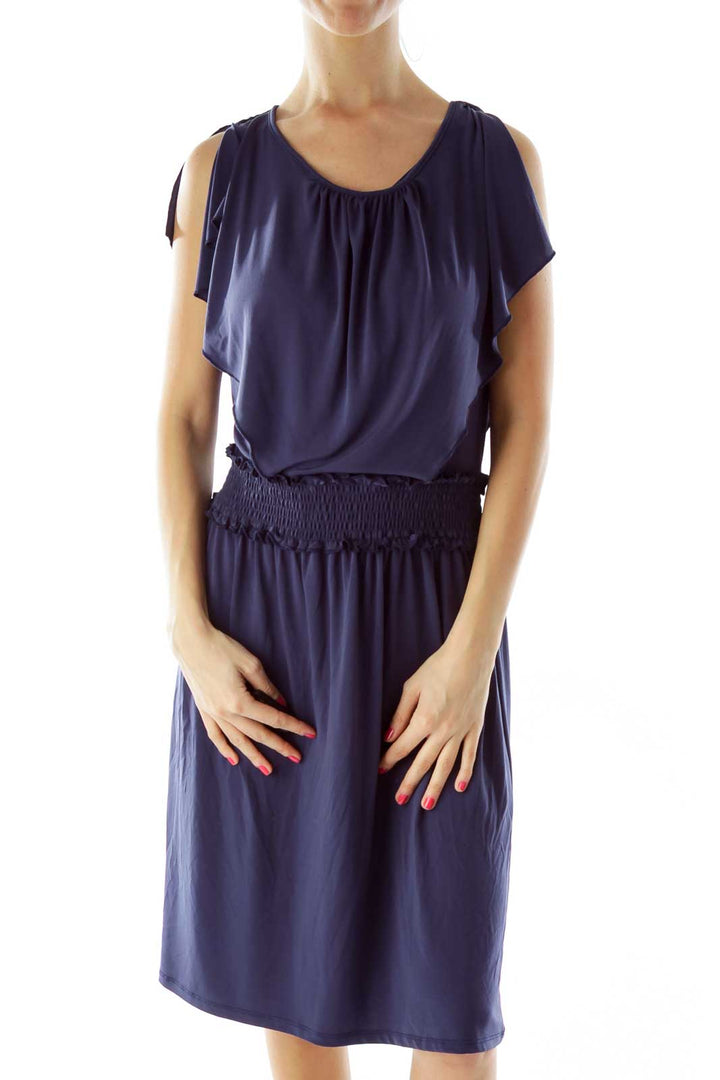 Navy Scrunched Ruffled Day Dress