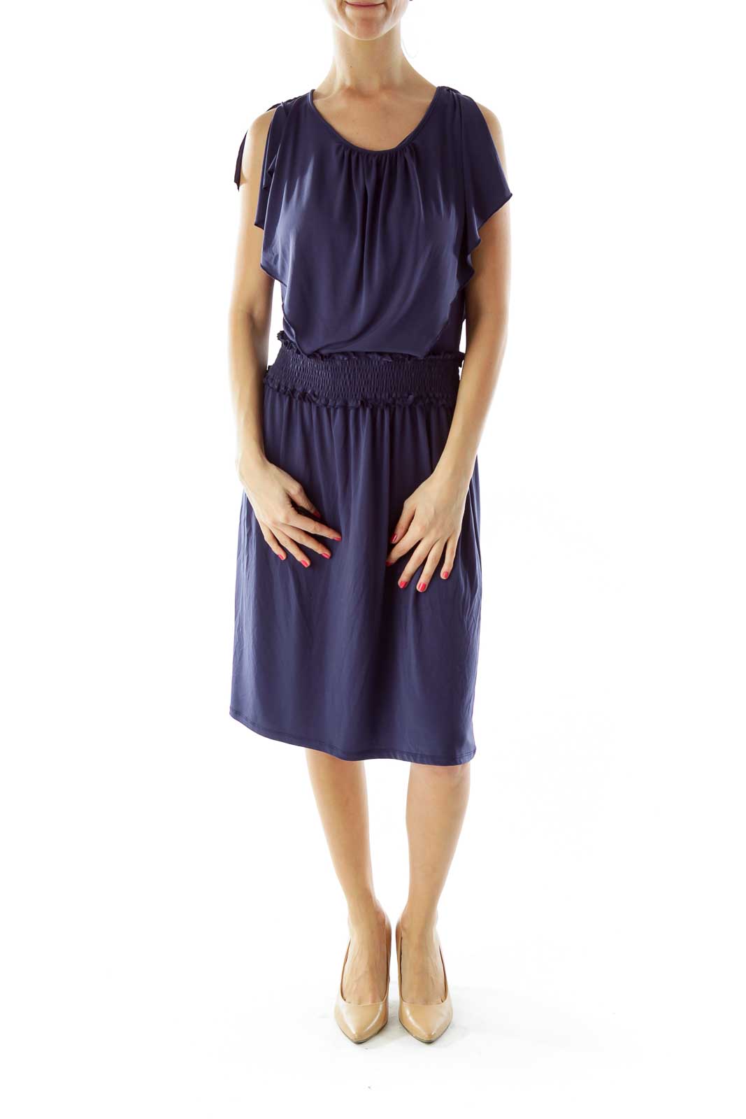 Navy Scrunched Ruffled Day Dress