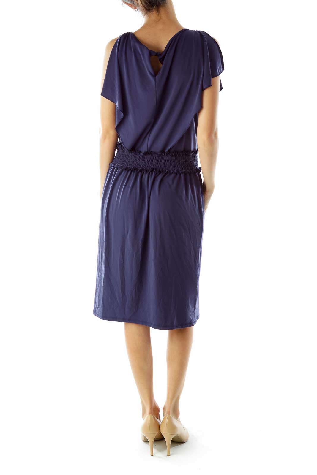 Navy Scrunched Ruffled Day Dress