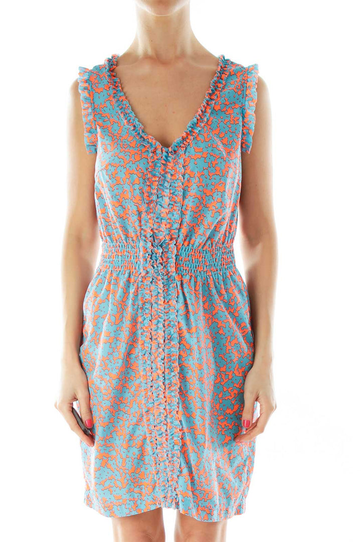 Blue Orange Scrunched V-Neck Day Dress