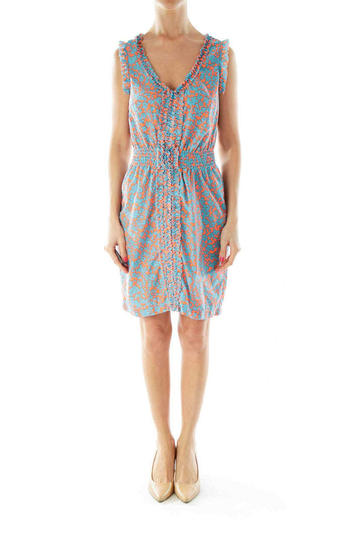 Blue Orange Scrunched V-Neck Day Dress