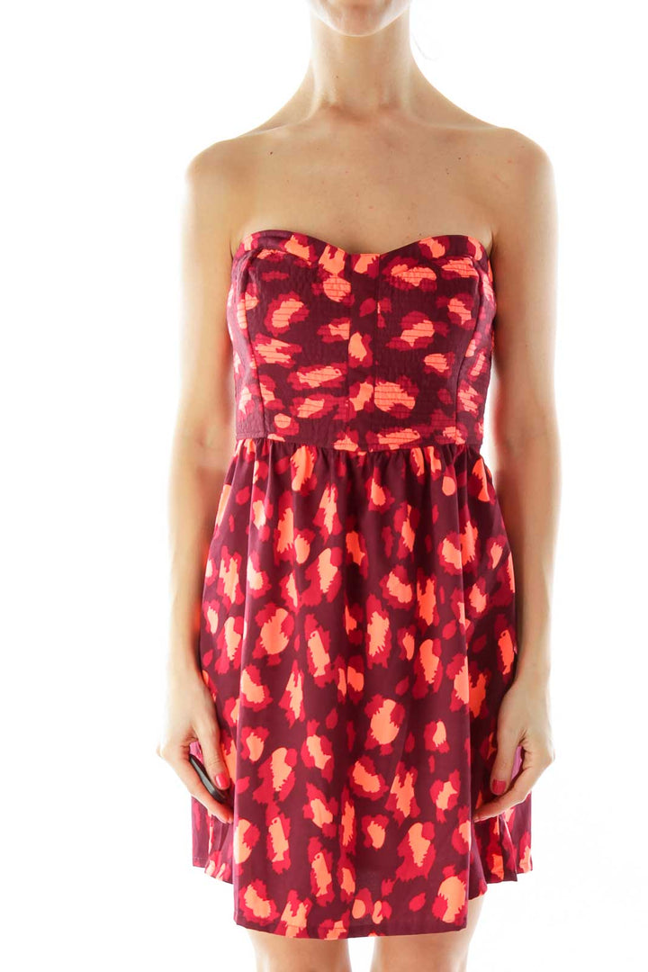 Red Orange Print Strapless Dress