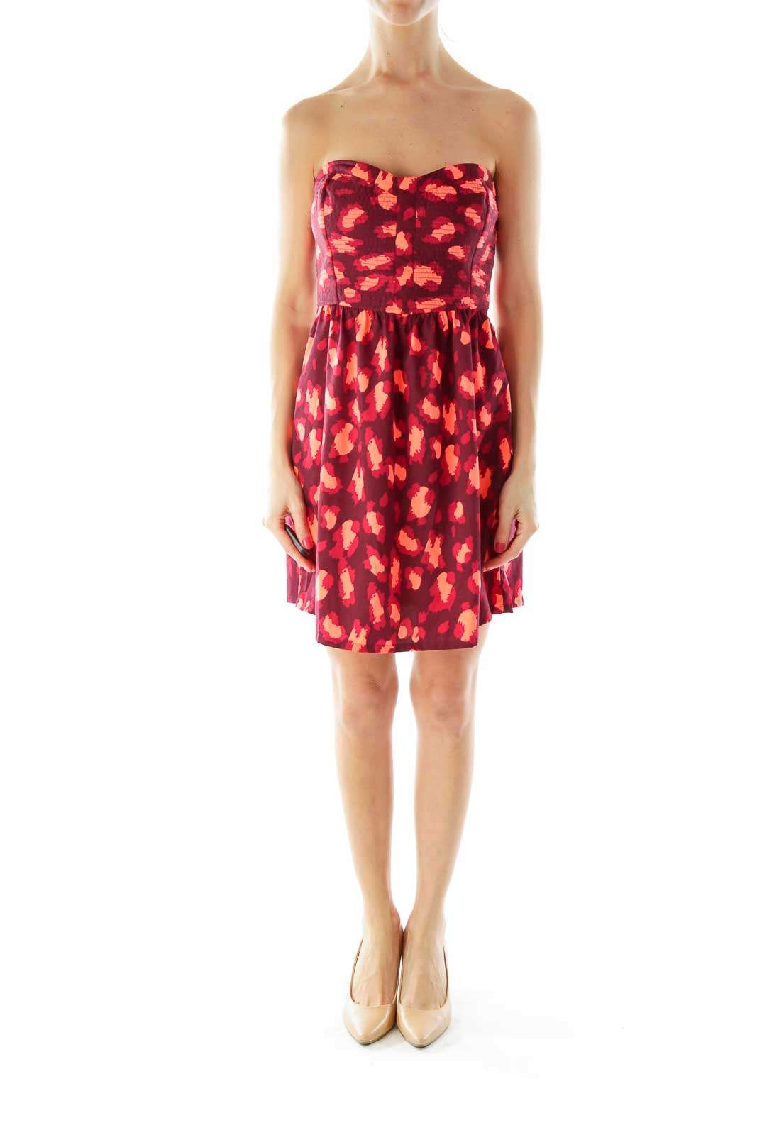 Red Orange Print Strapless Dress