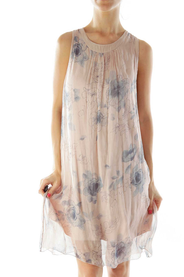 Pink Gray Flower Layered Silk Dress