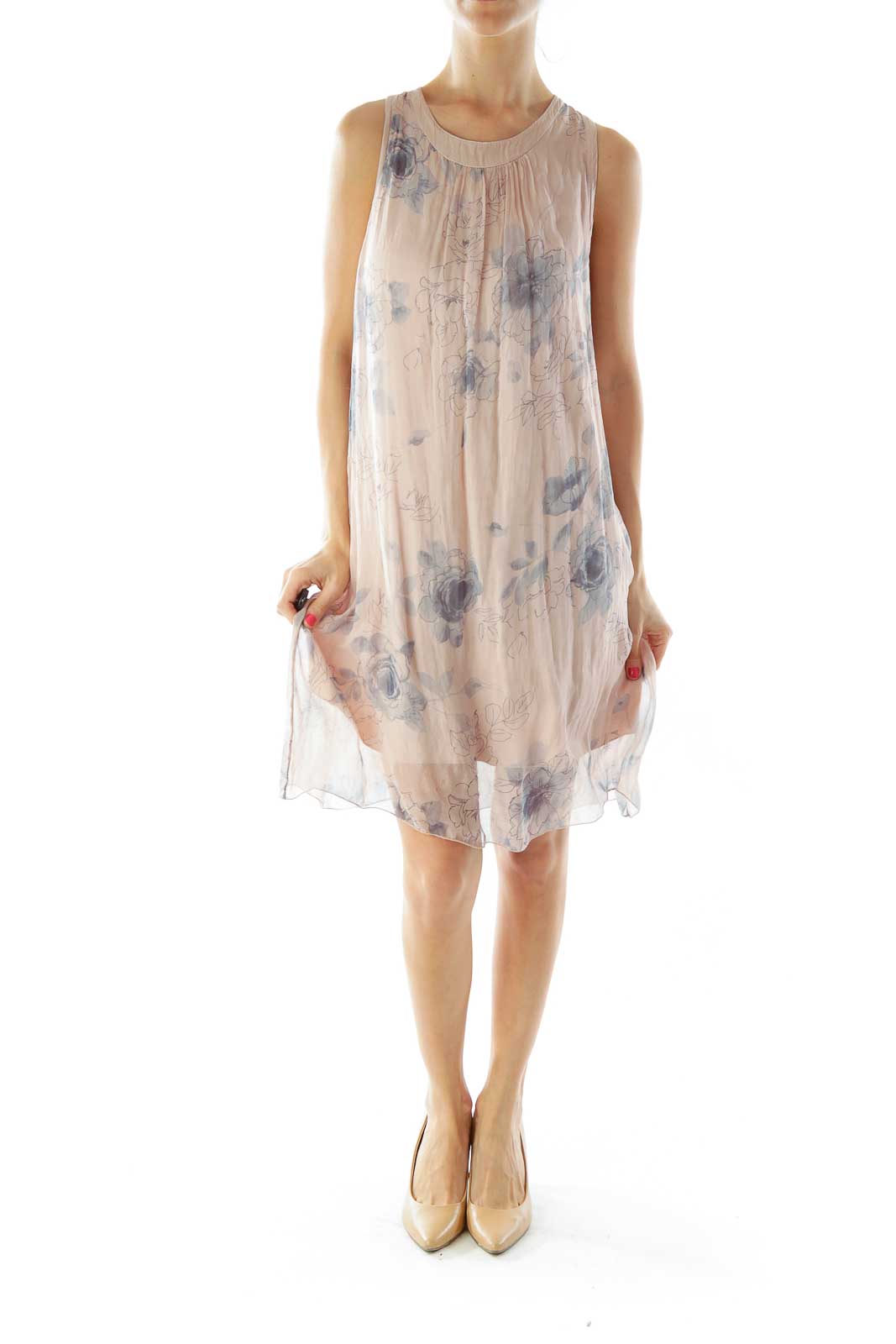 Pink Gray Flower Layered Silk Dress