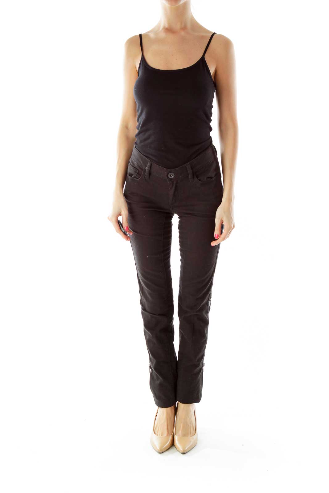 Black Zippered Straight Leg Jeans