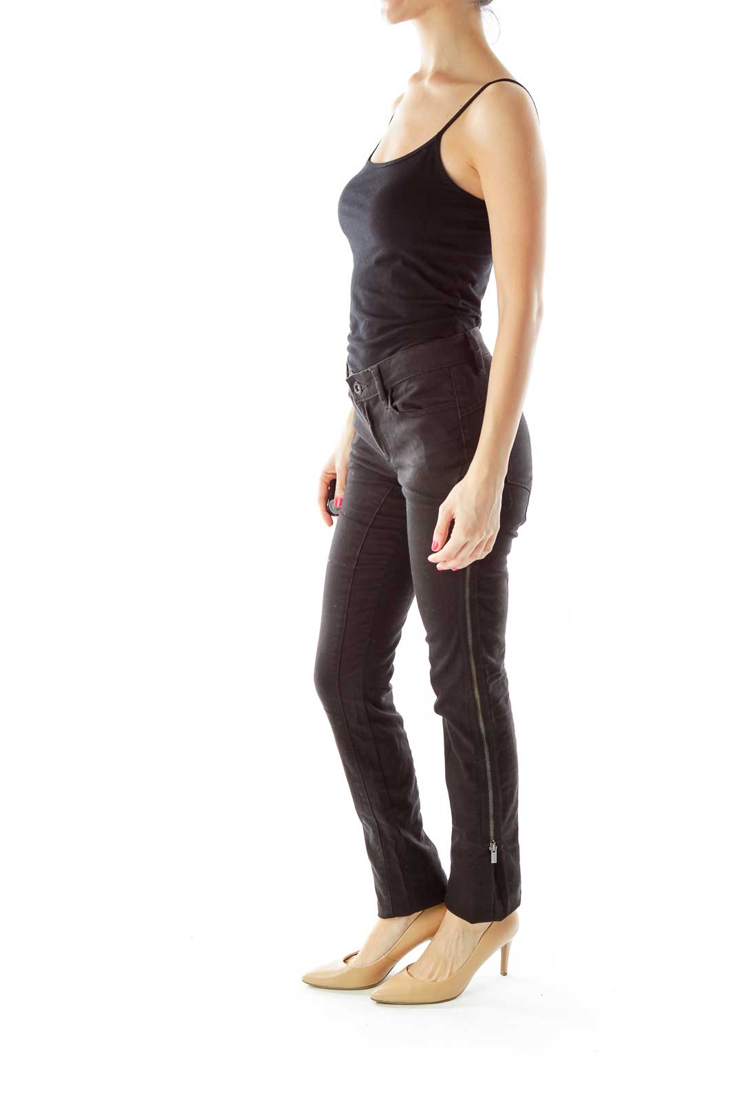 Black Zippered Straight Leg Jeans