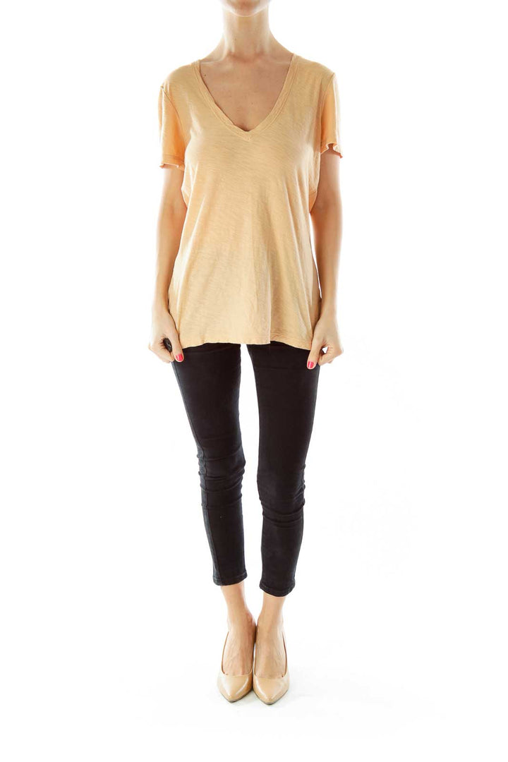 Beige V-Neck Linen T-Shirt