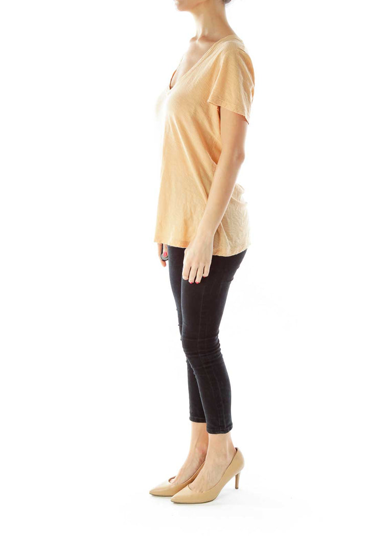 Beige V-Neck Linen T-Shirt