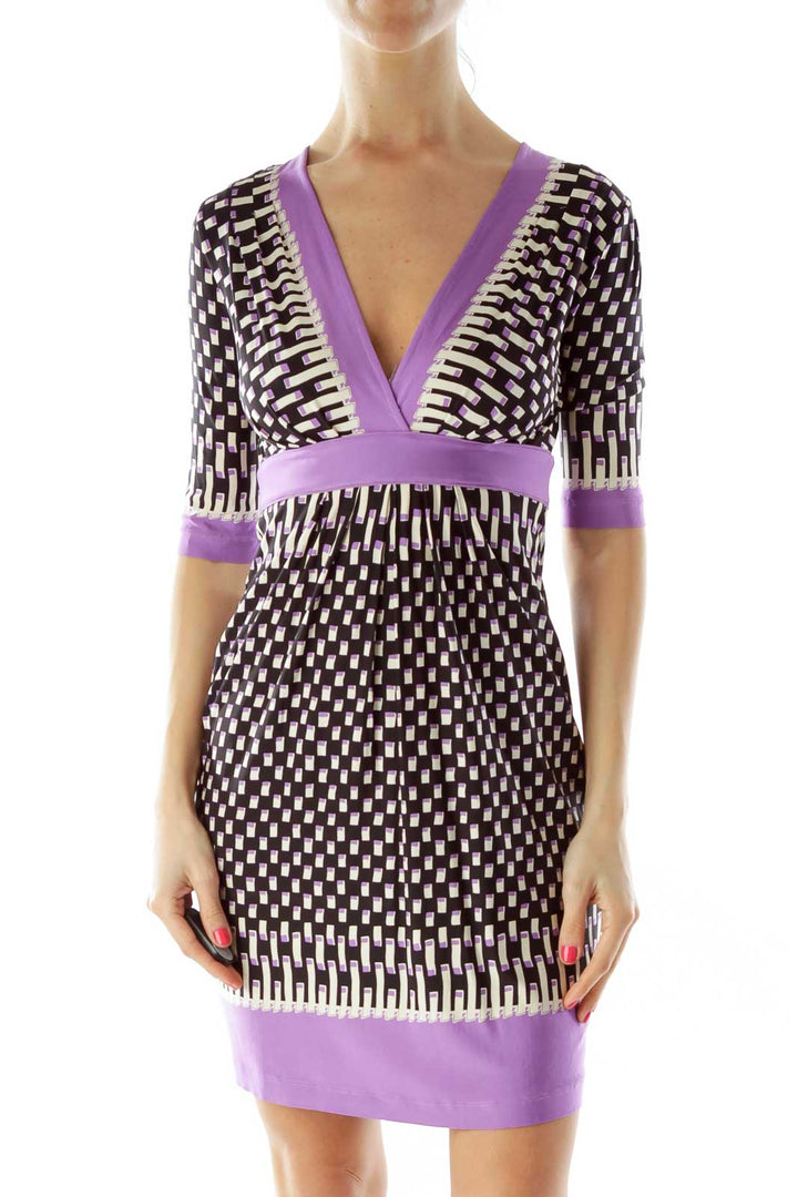 Black Purple V-neck Geometric Print Short Sleeve Dress