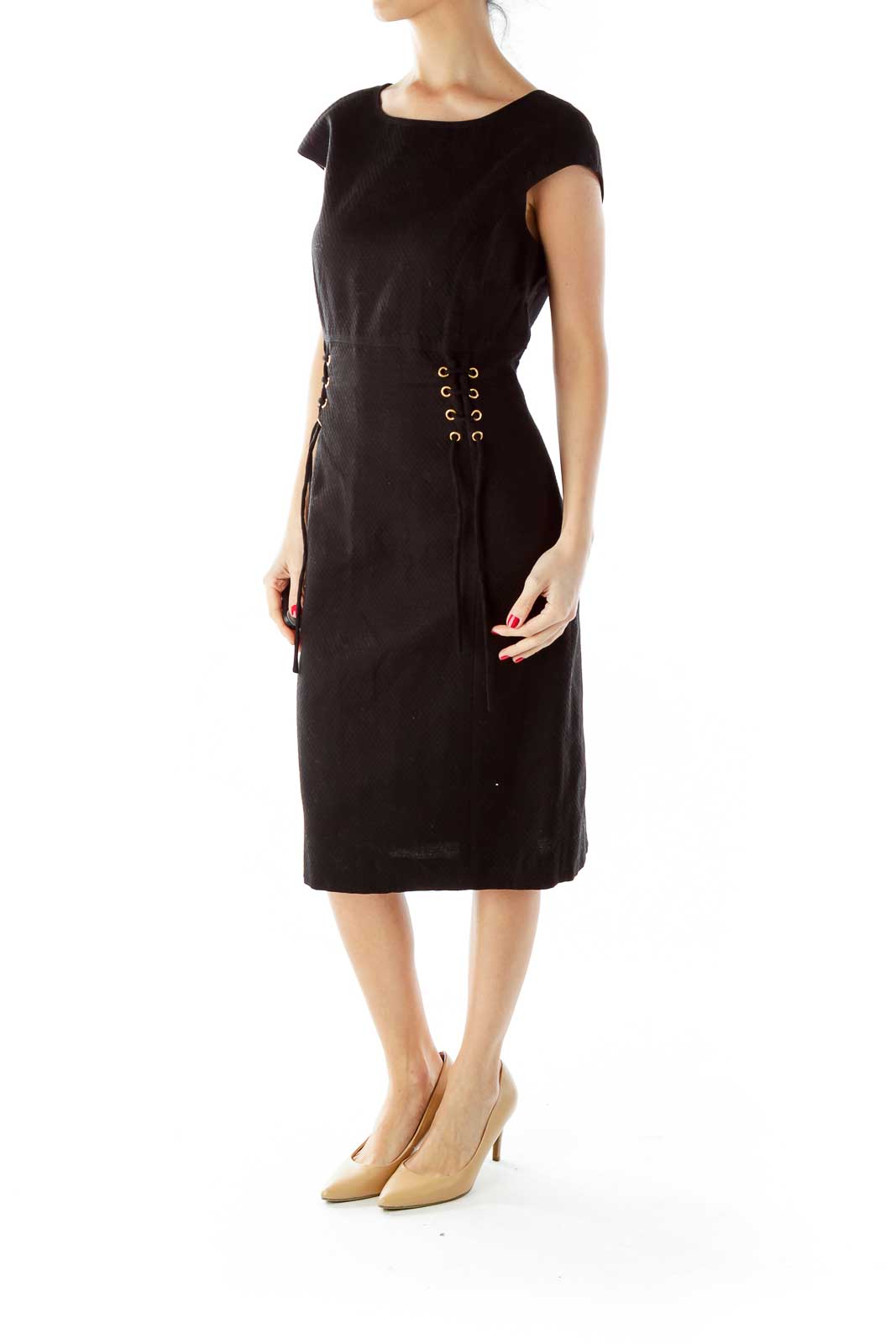 Black and Gold Lace -up Day Dress