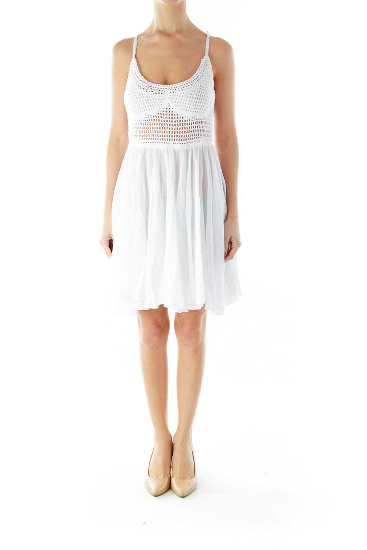 White Crocheted Lace-Up Day Dress