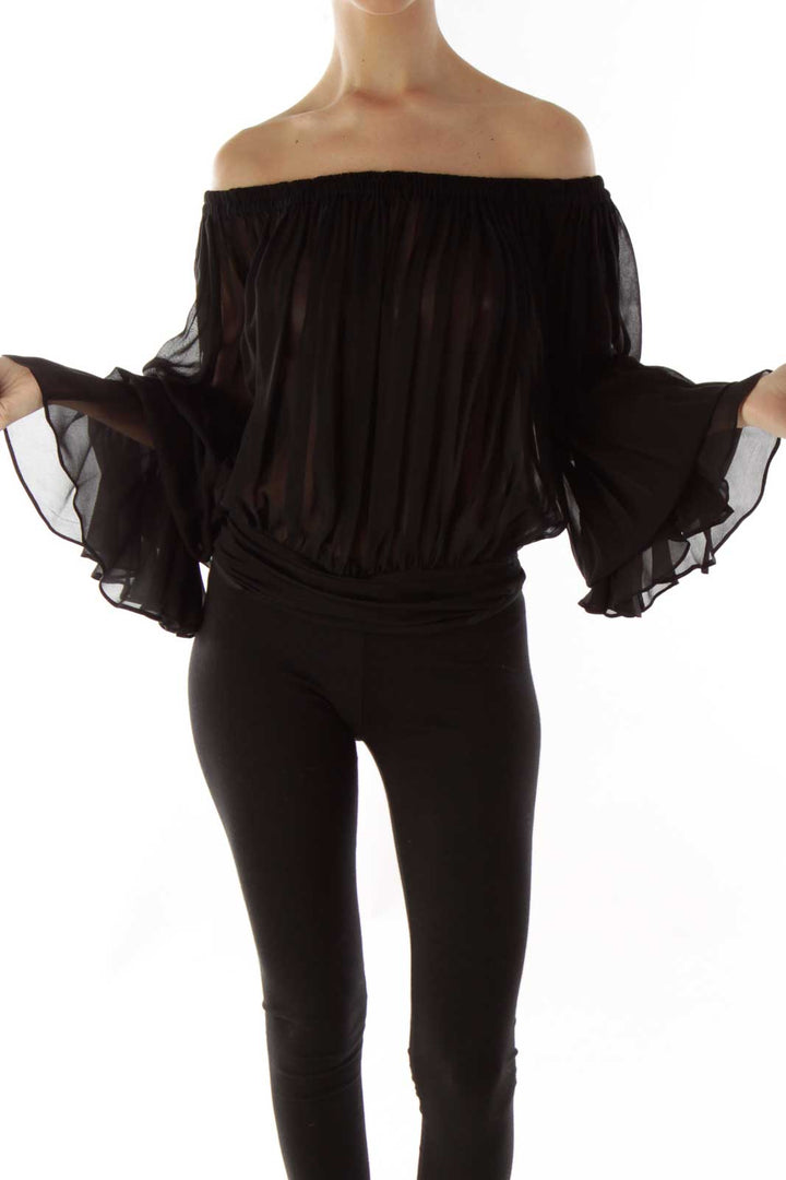 Sheer Off-Shoulder Bell Sleeve Bodysuit