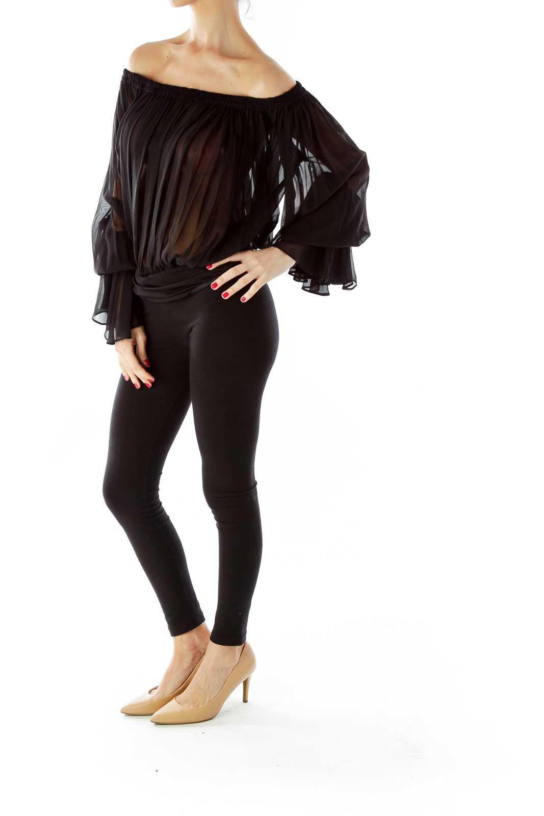 Sheer Off-Shoulder Bell Sleeve Bodysuit