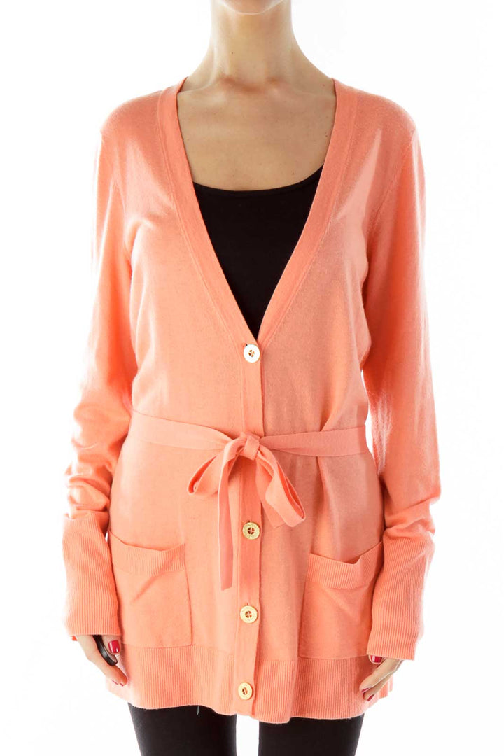 Peach Buttoned V-Neck Pocketed Cardigan