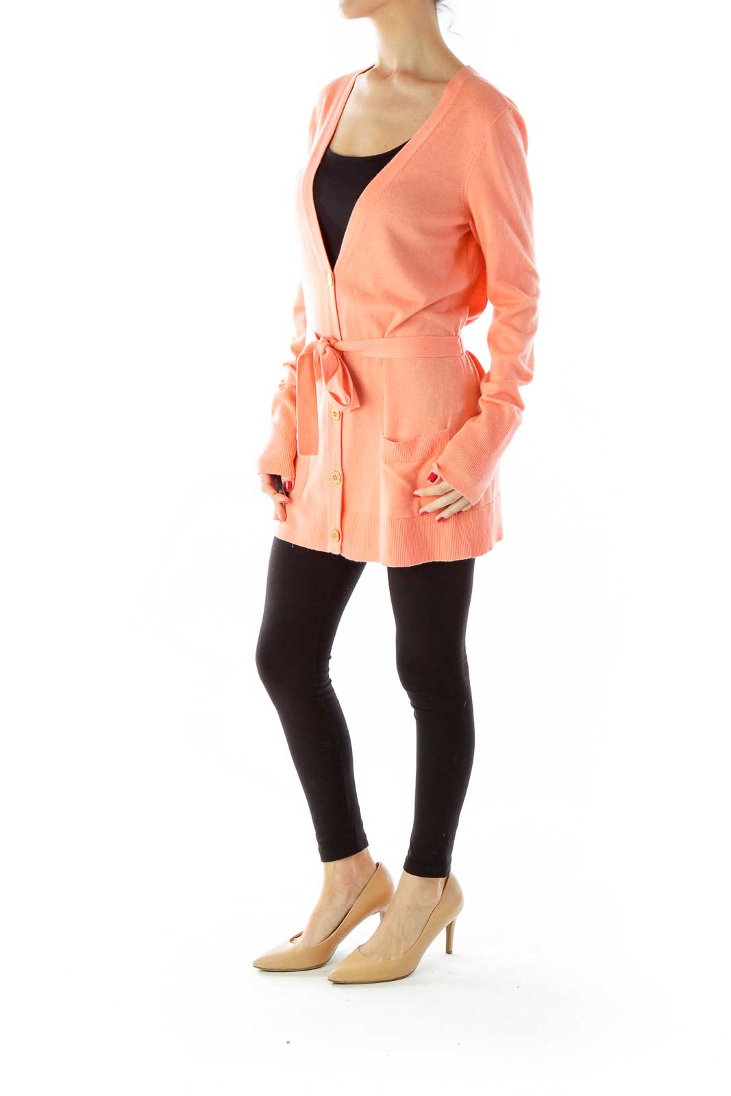 Peach Buttoned V-Neck Pocketed Cardigan