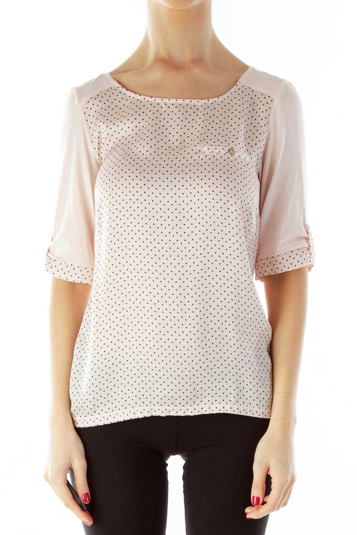 Pink Polka-Dot Round Neck Mid-Sleeve Blouse