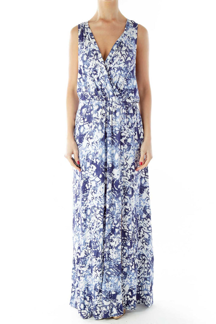 Blue White Print V-Neck Maxi Dress