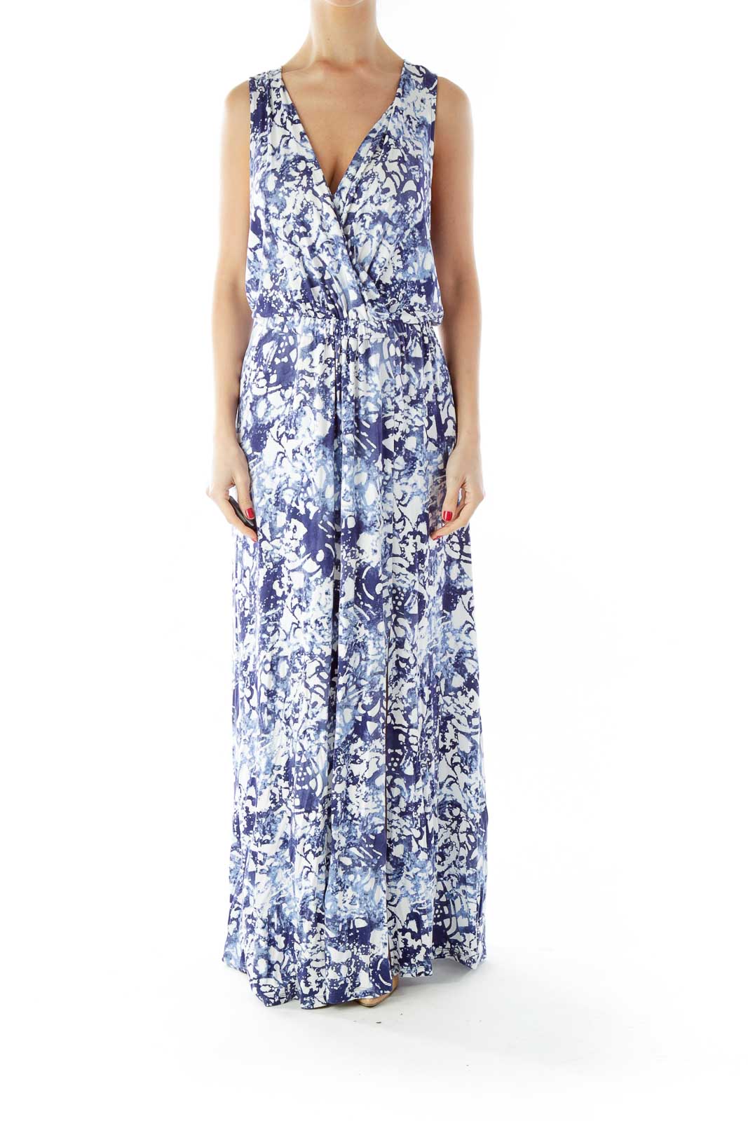 Blue White Print V-Neck Maxi Dress