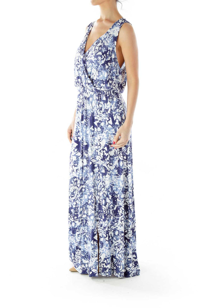 Blue White Print V-Neck Maxi Dress