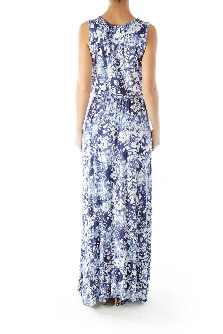 Blue White Print V-Neck Maxi Dress