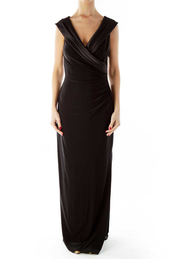 Black Scrunched V-Neck Evening Dress