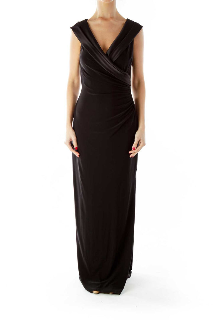 Black Scrunched V-Neck Evening Dress