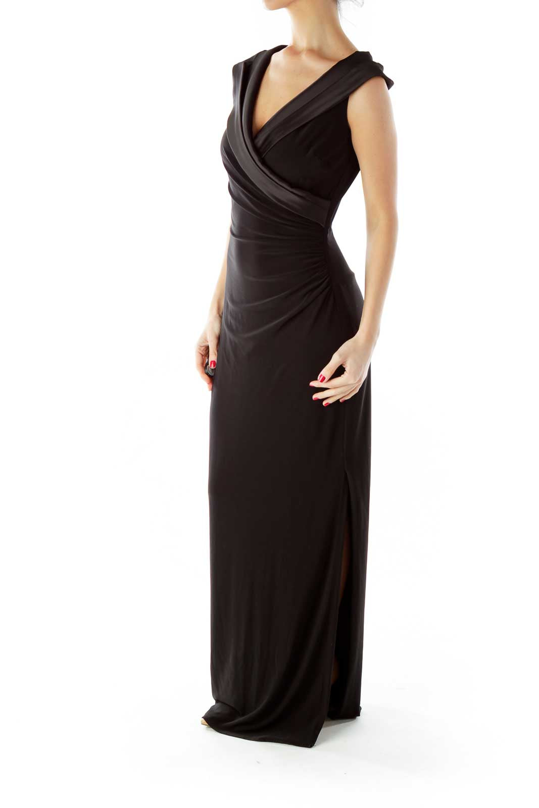 Black Scrunched V-Neck Evening Dress