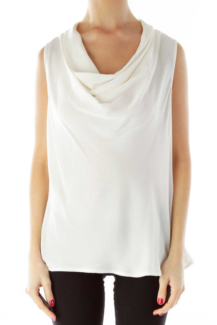 White Cowl-Neck Sleeveless Silk Blouse