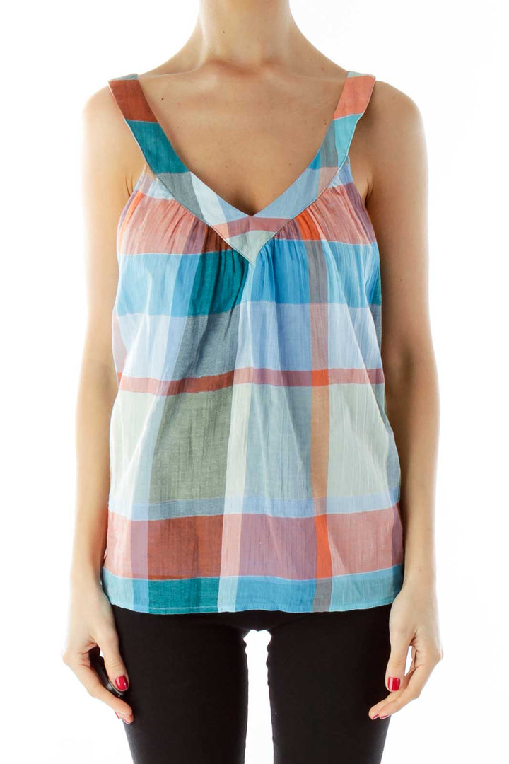 Blue Orange Cut-Out Plaid Tank