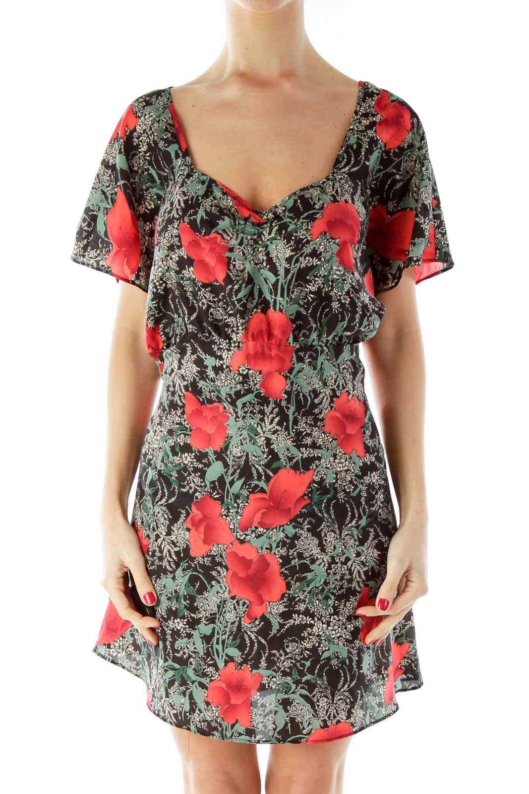 Front view of Reformed Black Floral Print Flutter Sleeve Mini Dress with red flowers