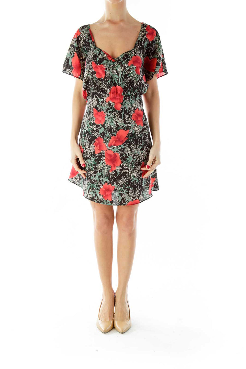 Front view of Reformed Black Floral Print Flutter Sleeve Mini Dress with red flowers