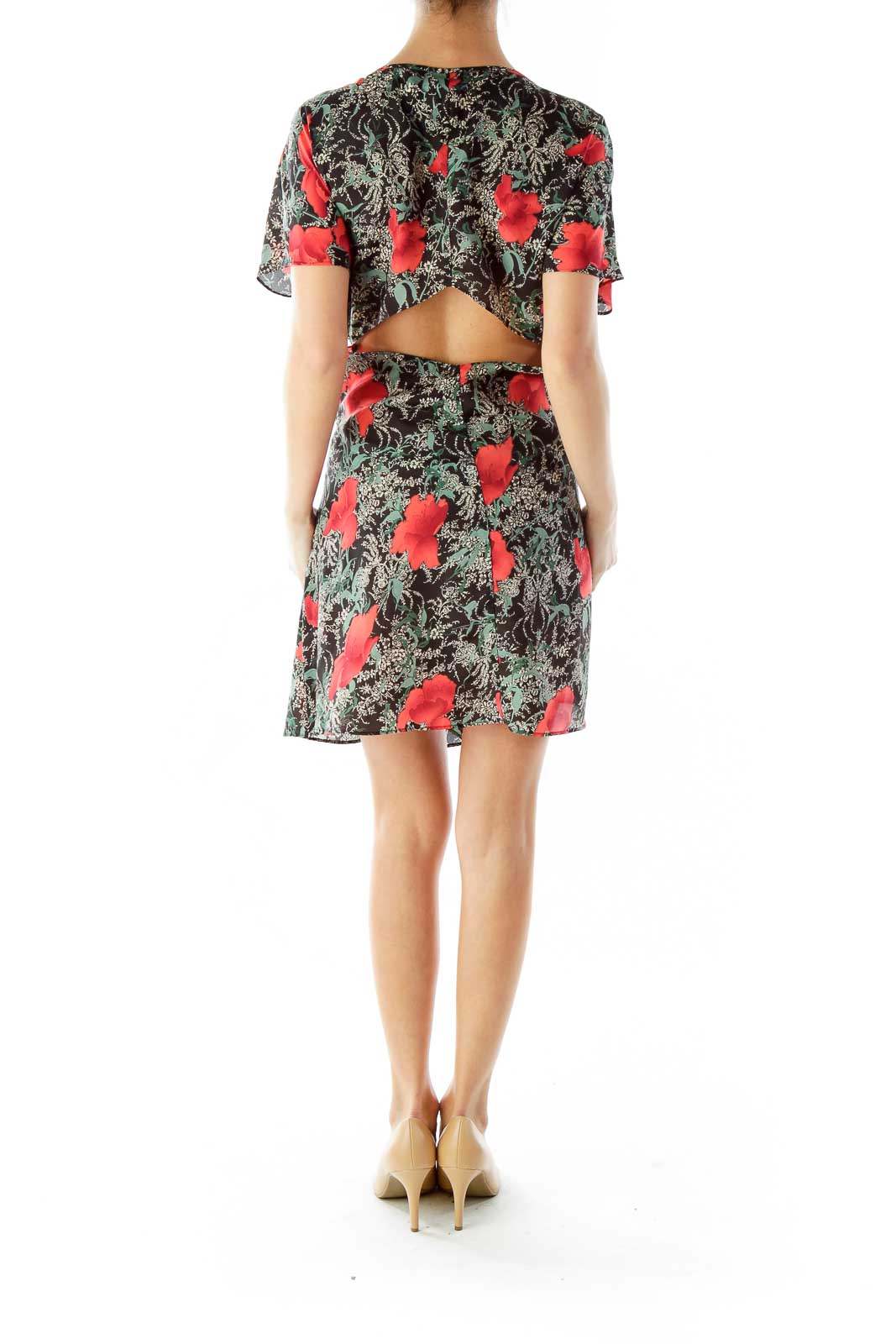 Back view of Reformed Black Floral Print Flutter Sleeve Mini Dress showing cutout detail