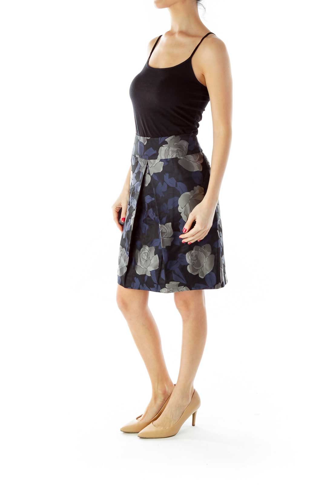 Navy Gray Black Pleated Pencil Skirt