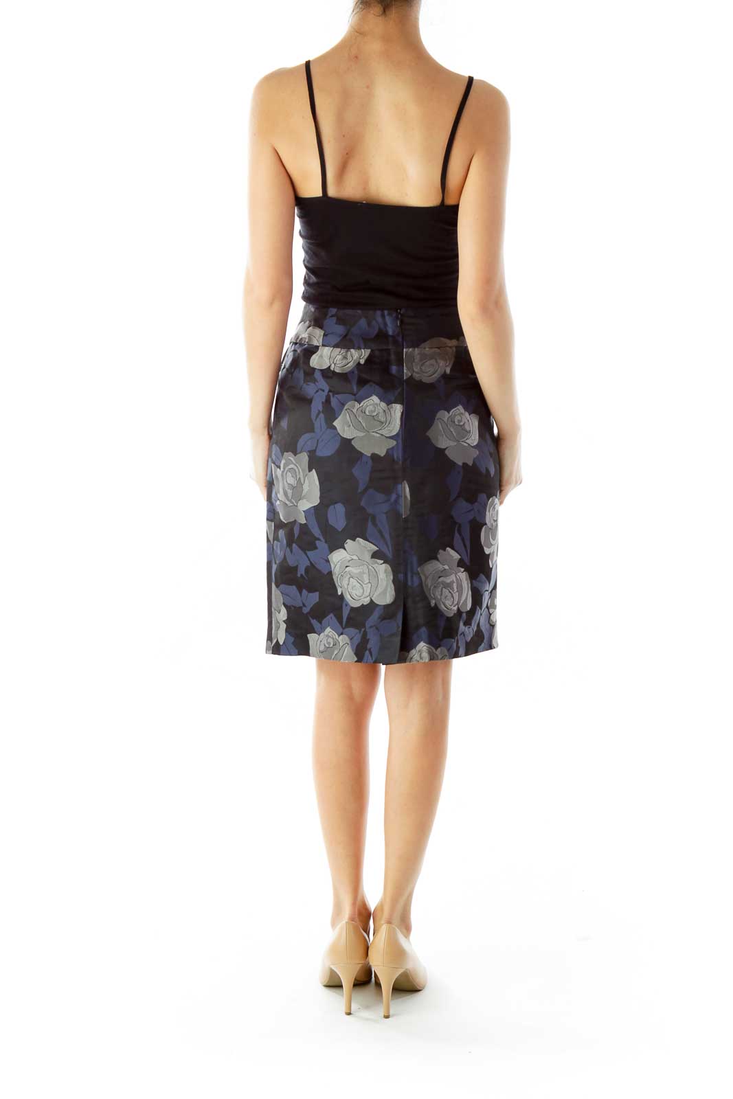 Navy Gray Black Pleated Pencil Skirt