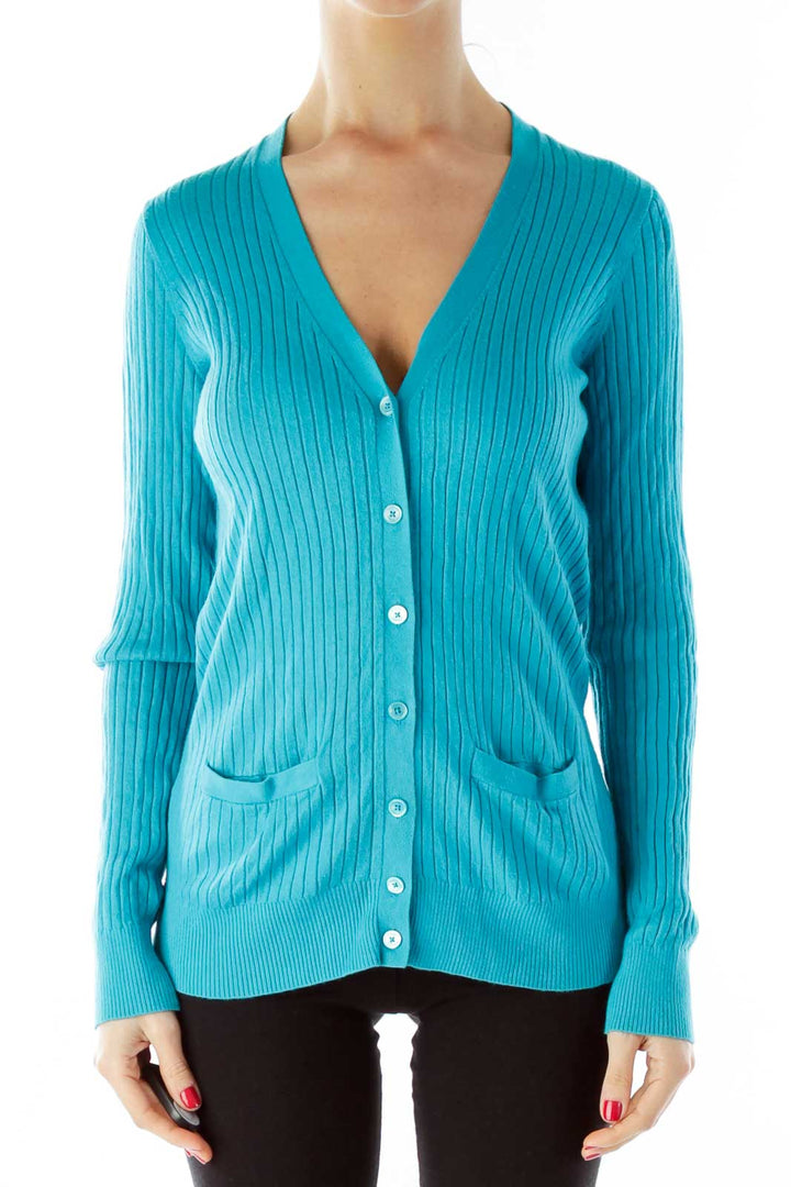 Turquoise Buttoned Pocked Cardigan