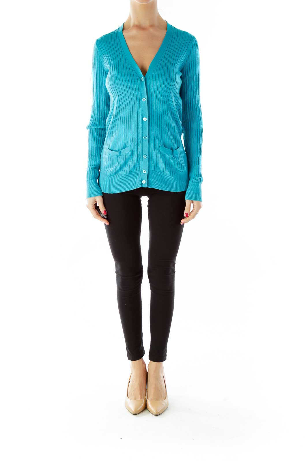 Turquoise Buttoned Pocked Cardigan