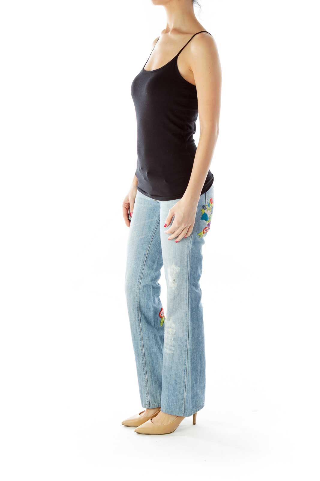 Blue Multicolor Flower Embroidered Distressed Jeans