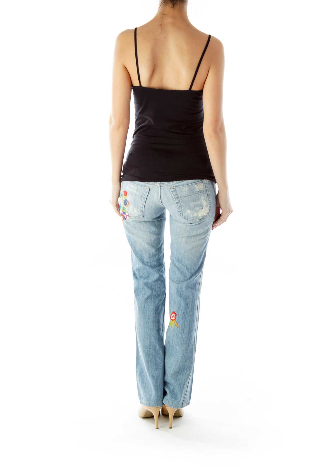 Blue Multicolor Flower Embroidered Distressed Jeans