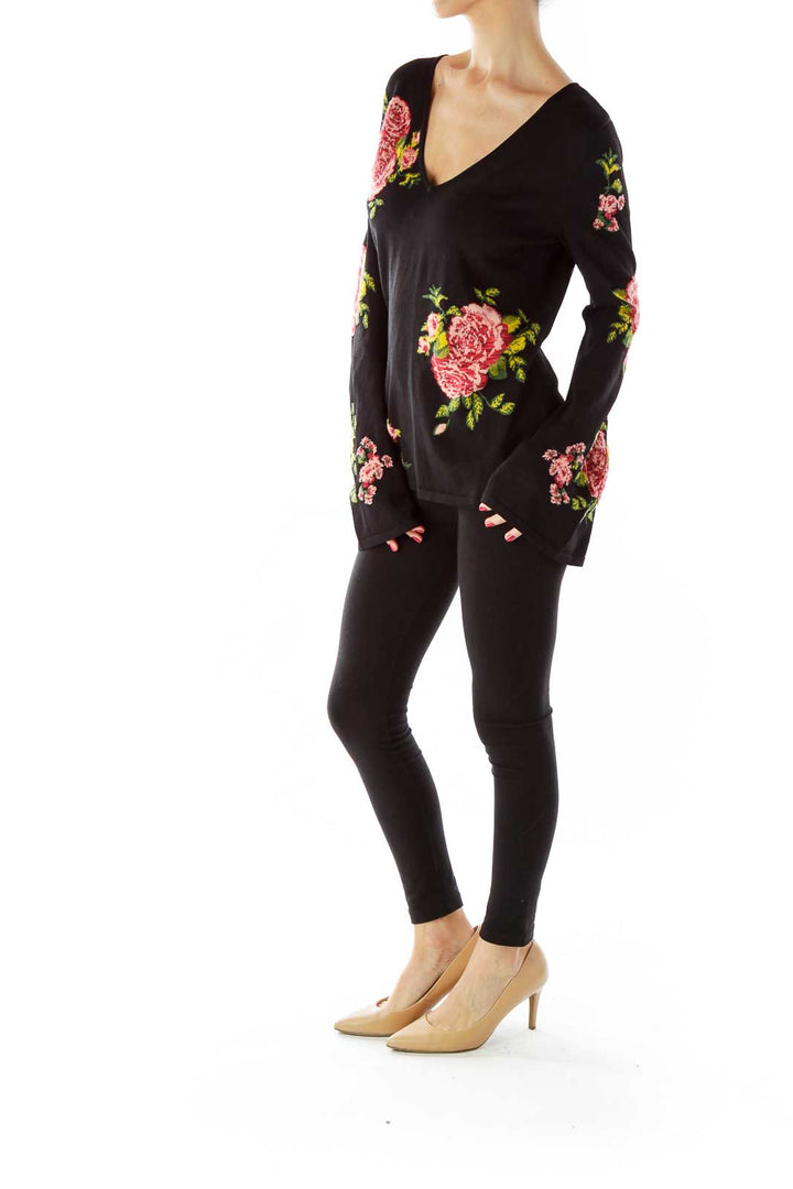 Black Multicolor Flower Embroidered Blouse