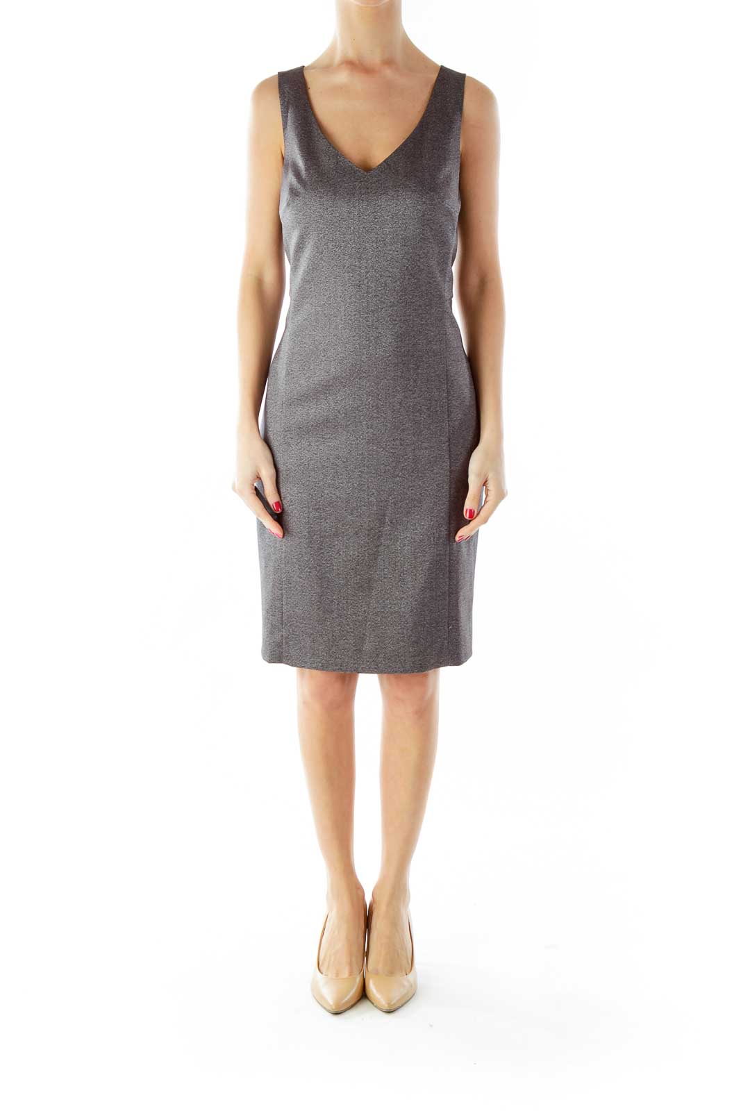 Gray V-Neck Sleeveless Work Dress