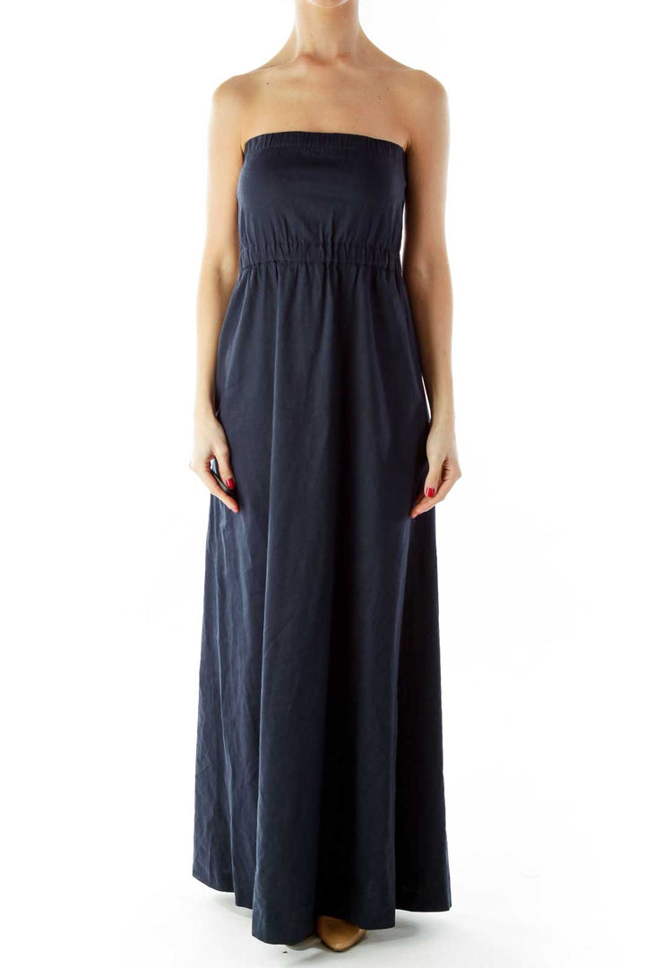 Navy Strapless Elastic Linen Maxi Dress