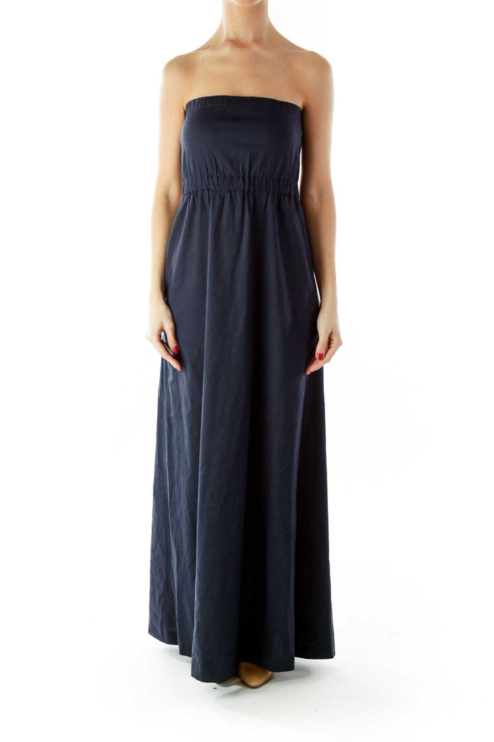 Navy Strapless Elastic Linen Maxi Dress